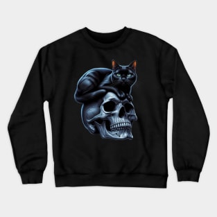 black cat sitting on top of skull Crewneck Sweatshirt